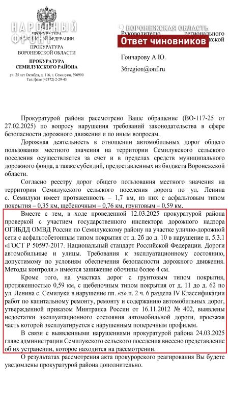 Администрацию села Семилуки обязали привести дорогу на улице Ленина в порядок.